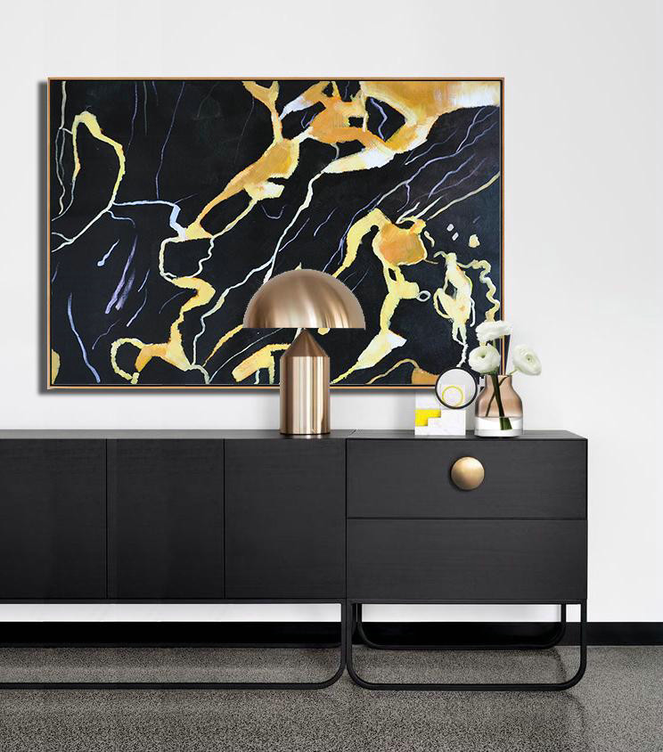 Hand Made Abstract Art,Hand Painted Oversized Horizontal Abstract Marble Art On Canvas,Acrylic Painting On Canvas,Earthy Yellow ,Black,White.etc